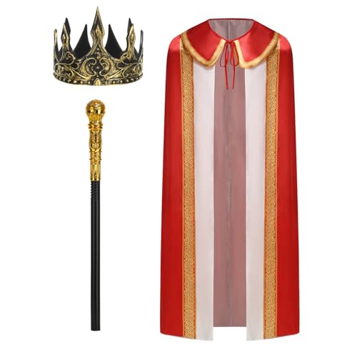 yolsun Kostüm für Erwachsene, Umhang-Set, 3-teilig, König, Robe, roter Umhang, Outfit mit Krone, Zepter, Halloween (Rot, 130 cm/51) von yolsun