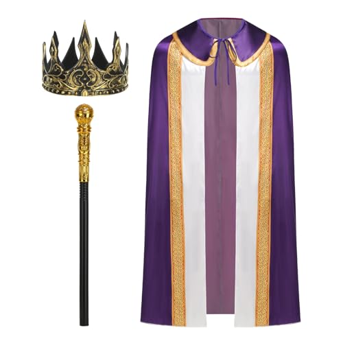 yolsun Kostüm für Erwachsene, Umhang-Set, 3-teilig, König, Robe, roter Umhang, Outfit mit Krone, Zepter, Halloween (lila, 150 cm/59) von yolsun