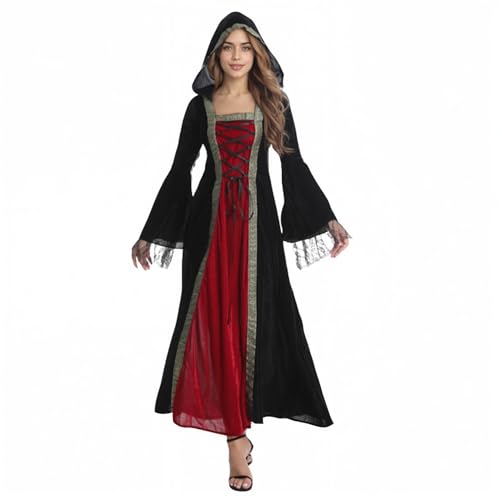 yolsun Mittelalterliches Kleid für Damen, Renaissance-Kostüm, Halloween, viktorianischer Samt, ausgestellte Ärmel, Hexen-Outfit (Schwarz-Rot, Größe L) von yolsun