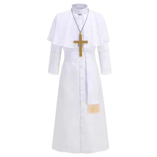 yolsun Priester-Kostüm für Herren, schwarze Klerus-Bademäntel, Halloween, Priester-Kostüm, Cosplay, Verkleiden (Weiß, Größe M) von yolsun