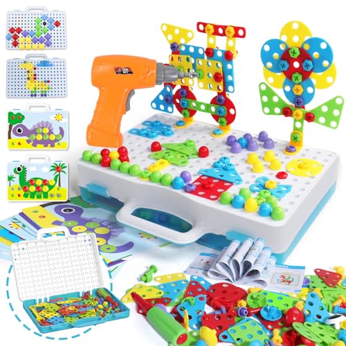 Spielzeug ab 3 4 5 Jahre Mosaik Steckspiel mit Elektrische Bohrmaschine STEM 3D Puzzle Werkzeugkoffer Kinder Bausteine Pädagogisch Spielzeug Weihnachten Geschenke für Junge Mädchen 224 Stück von yoptote