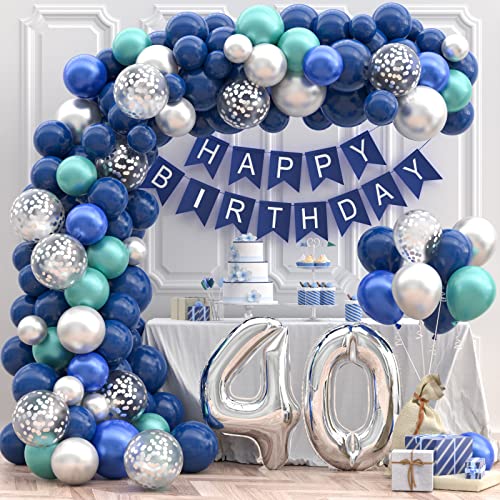 yosiio 40. Geburtstagsdeko, Luftballons Girlande 40 Geburtstag Männer Frau mit Blau Silber Luftballons 40. Happy Birthday Banner, Deko 40. Geburtstag, Konfetti Ballon für Birthday Party Decorations von yosiio