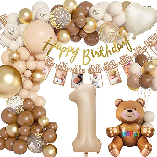 Geburtstagsdeko 1 Jahr Junge Mädchen, Deko 1. Geburtstag Mädchen, Kindergeburtstag Deko mit Luftballon 1. Geburtstag, Bär Folienballon, Ballon Girlande, Fotogirlande für Baby 1 Jahr Geburtstag Deko von yosiio