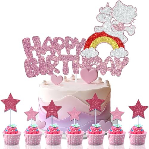 8 Stücke Tortendeko Kindergeburtstag - Kuchendeko Set mit Torte Topper & Cupcake Deko für Ki-tty Cat Mottoparty, Geburtstagstorte & Fest (Kindermotive, bunt, DIY) von youngfocus