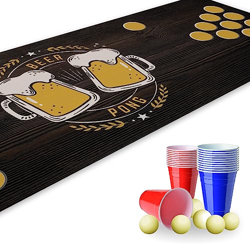 Beer Pong Set I 180 x 60 cm I Spielfeldmatte mit Bierkrug Design I Inkl. 22 Partybechern und 6 Tischtennisbällen I Trinkspiel I Party-Spiele und Geburtstag I Wiederverwendbar und abwischbar I dv_821 von younikat