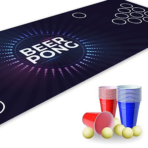 Beer Pong Set I 180 x 60 cm I Spielfeldmatte mit Electro Design I Inkl. 22 Partybechern und 6 Tischtennisbällen I Trinkspiel I Party-Spiele und Geburtstag I Wiederverwendbar und abwischbar I dv819 von younikat