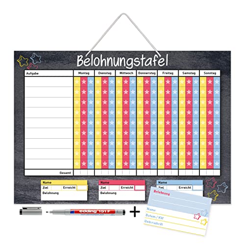 Belohnungstafel zum Aufhängen mit Aufgaben-Liste für 3 Kinder inkl. Belohnungskarten I DIN A3 I mit Aufhängung, Stifthalter und Stift I Haushaltsplaner I für Kleinkinder und Jugendliche I dv_999 von younikat