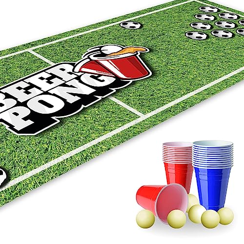 younikat Beer Pong Set I 180 x 60 cm I Spielfeldmatte mit Fußball Design I Inkl. 22 Partybechern und 6 Tischtennisbällen I Trinkspiel I Party-Spiele I dv_1238 von younikat