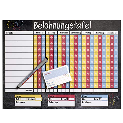 younikat Belohnungstafel mit Aufgaben-Liste für 3 Kinder inkl. Belohnungskarten I 40 x 30 cm I mit Stift I abwischbar I selbstklebend I Haushaltsplaner für Kleinkinder und Jugendliche I dv_787 von younikat