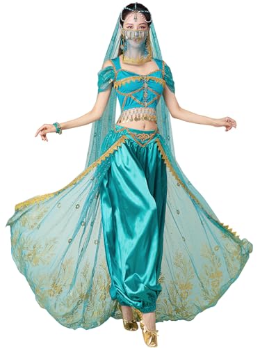 yrsZX Jasmin-Kostüm für Damen, arabische Prinzessin, Feen-Outfit, Halloween, Cosplay, Bauchtanz-Kostüm, 04 Blau Grün, Small yrsZX Jasmin-Kostüm für Damen, arabische Prinzessin, Feen-Outfit, Halloween, Cosplay, Bauchtanz-Kostüm, 04 Blau Grün, Small von yrsZX