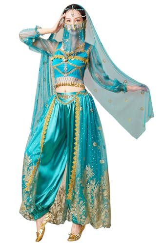 yrsZX Jasmin-Kostüm für Damen, arabische Prinzessin, Feen-Outfit, Halloween, Cosplay, Bauchtanz-Kostüm, 05 Blau Grün, Large yrsZX Jasmin-Kostüm für Damen, arabische Prinzessin, Feen-Outfit, Halloween, Cosplay, Bauchtanz-Kostüm, 05 Blau Grün, Large von yrsZX