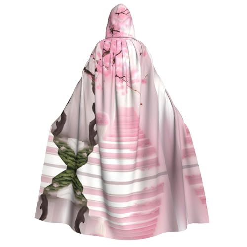 yuangjhop Rosafarbener Kirschblüten-Treppen-Aufdruck, Erwachsenen-Kapuzenumhang, geeignet für Halloween-Cosplay-Kostüme. von yuangjhop