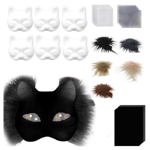 yuhlkopm Halloween Katzenmasken Set mit selbstklebendem Filzblatt Papierset, leere Katze mit Stoffblatt, künstliches Augennetz, DIY Maskenherstellung, B von yuhlkopm