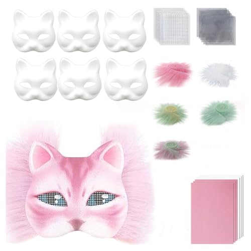 yuhlkopm Halloween Katzenmasken Set mit selbstklebendem Filzblatt Papierset, leere Katze mit Stoffblatt, künstliches Augennetz, DIY Maskenherstellung, C von yuhlkopm