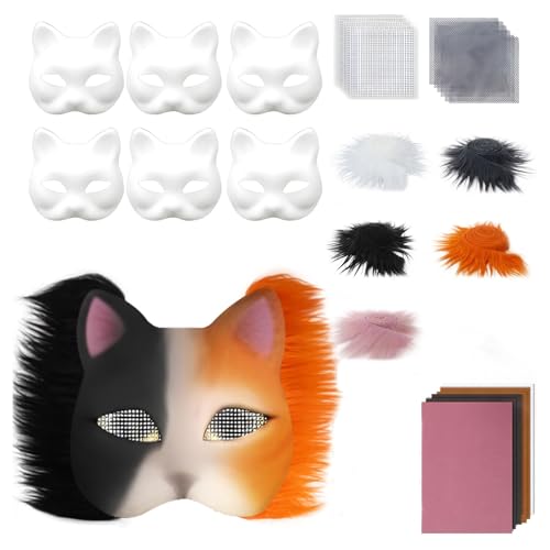 yuhlkopm Halloween Katzenmasken Set mit selbstklebendem Filzblatt Papierset, leere Katze mit Stoffblatt, künstliches Augennetz, DIY Maskenherstellung, E von yuhlkopm