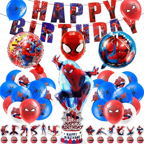 42pcs Geburtstagsdeko Jungen, Spider Luftballons Ballon Geburtstag Deko Themenparty Junge-Happy Birthday Banner, 4 Folienballons, 24 Latexballons, 13 Cake Toppers, Kindergeburtstag Deko für Jungen von yumcute