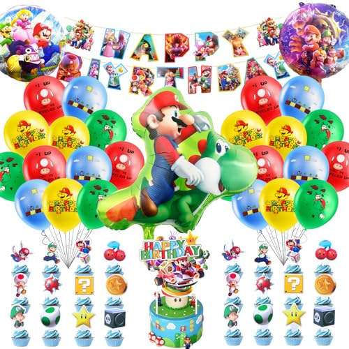 53pcs Geburtstag Deko, Mario Luftballon Kindergeburtstag Geburtstagsdeko, Kinder Party Deko, Luftballon und Tortendeko, Happy Birthday Banner für Jungen, Mädchen, Kinder Mitgebsel von yumcute