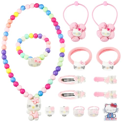 Schmuckset Mädchen,15pc Mädchen Haarschmuck Cartoon Thema Rosa Schmuckset Halskette Armband Ohrringe Ring Brosche Haarseil Kindertagsgeschenk Geburtstag Geschenk für Baby Mädchen Teens Kleinkinder von yumcute