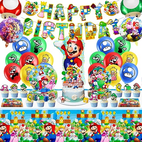 Geburtstagsdeko Partygeschirr, Super Mario Party Geburtstag Deko, Luftballon und Tortendeko, 76pcs Kindergeburtstag Mitgebsel Ballon Dekoration Geburtstag-Servietten, Pappteller, Tischdecken, Banner von yumcute