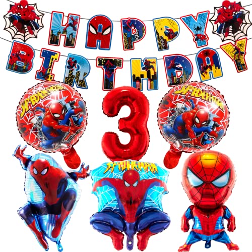 Geburtstagsdeko 3 Jahre, Spider Luftballons Jungen Ballon Geburtstag Deko Themenparty Junge-Happy Birthday Banner, Rrunde Charakter Nummer 3 Kindergeburtstag Deko und Folienballon für Jungen von yumcute