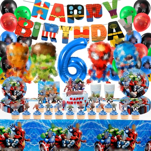 Geburtstagsdeko 6 Jahre Junge, Geburtstag Deko Luftballons, Geburtstag Ballon Teller und Becher Set Nummer 6 Kindergeburtstag Deko und Folienballons für Party Birthday von yumcute