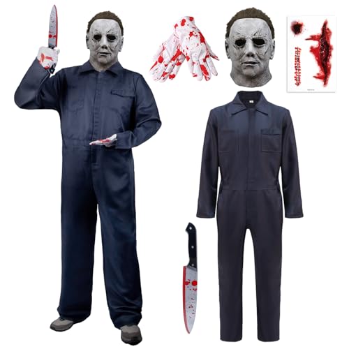 Halloween Kostüme Erwachsene Set L, Serienmörder Overall mit Vollkopfmaske, Narben-Tattoos, Blutmesser und Handschuhen, Halloween Cosplay Verkleidung Mottoparty Outfits Halloween Kostüme Erwachsene Set L, Serienmörder Overall mit Vollkopfmaske, Narben-Tattoos, Blutmesser und Handschuhen, Halloween Cosplay Verkleidung Mottoparty Outfits von yumcute