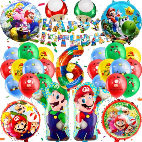 MLA6 32PCS Mario Geburtstag Deko, 6 Jahre Alt Luftballon, Kindergeburtstag Ballon Set, Geburtstagsdeko, Thema Dekoration Mit Super Mari Banner von yumcute