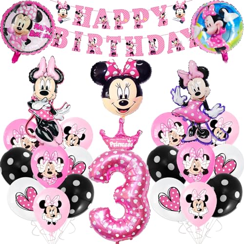 Minnie Geburtstagsdeko, 23 Stück Minnie Luftballons Geburtstag mit Happy Birthday Banner, Deko 3. Geburtstag Party Deko Mädchen Kindergeburtstag Deko von yumcute