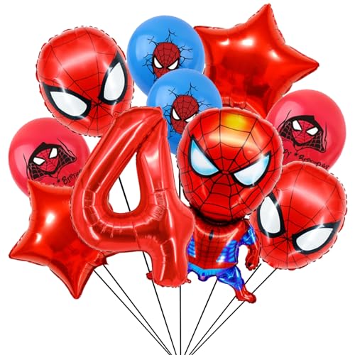 Geburtstagsdeko 4 Jahre Junge, Spiderman Luftballons und Ballon Geburtstag Deko Themenparty Junge, Rot Nummer 4 Ballons Kindergeburtstag Deko Latexballon und Folienballons für Happy Birthday Banner von yumcute