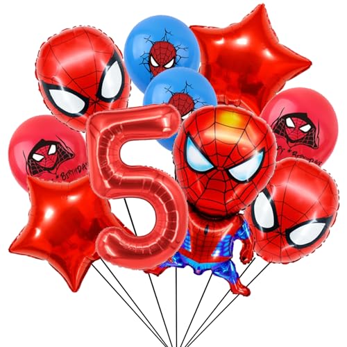 Geburtstagsdeko 5 Jahre Junge, Spiderman Luftballons und Ballon Geburtstag Deko Themenparty Junge, Rot Nummer 5 Ballons Kindergeburtstag Deko Latexballon und Folienballons für Happy Birthday Banner von yumcute