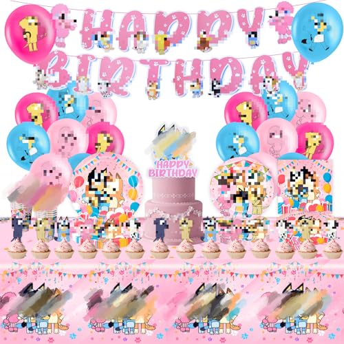Pink 103PCS Bluey Pappteller Kindergeburtstag+Bluey Geburtstag Deko, Partygeschirr Geburtstagsdeko Set, Teller Servietten Tischdecke Set Partygeschirr Geburtstag Kindergeburtstag für 20 Personen von yumcute