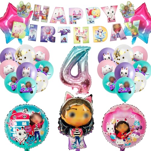 ballon 27 Stück Geburtstagsdeko Mädchen Junge Deko 4 Jahre, Gabys Thema Kindergeburtstag Luftballons Decoration, Kindergeburtstag Folienballon mit Happy Birthday Banners für Kindergeburtstag Party von yumcute