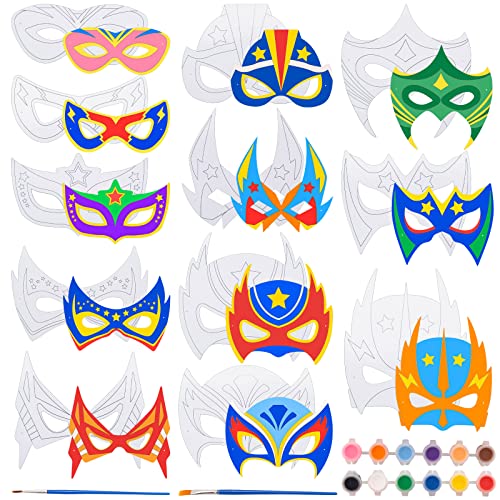 28 Stück Superhelden Masken, Masken Zum Ausmalen Kinder, Spider Basteln Kindergeburtstag, Party Cosplay DIY Papier Super Masken Kinder Mitgebsel für Geburtstag Party Geschenk, Pigmente und Pinsel von yumcute