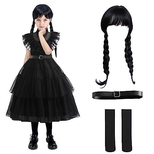 yumcute Gothic Kleid Kostüm Kinder Schwarz Tüllrock Kleid mit Perücke Gürtel und Socken Gothic Kleidung Kostüm für Kinder Halloween Karneval Cosplay Party, 130 yumcute Gothic Kleid Kostüm Kinder Schwarz Tüllrock Kleid mit Perücke Gürtel und Socken Gothic Kleidung Kostüm für Kinder Halloween Karneval Cosplay Party, 130 von yumcute