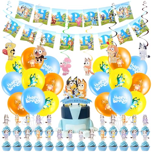 yumcute Kindergeburtstag Party Deko, 50 Stück Geburtstagsdeko Blue Hund Party Deko Geburtstag Cartoon-Hund Luftballon Set mit Geburtstag Banner, Tortenaufsatz, Balloons,Spirale Partykette von yumcute