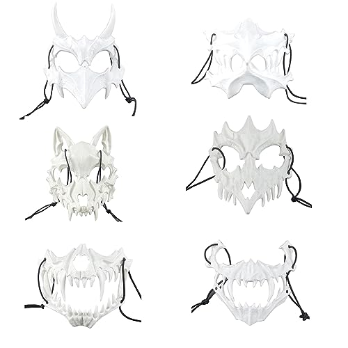 ywkiyrs Halloween Maske Half Face Skull Scary Mask Cosplay Decorative, Tiger Mask Ye Yaksha Dragon God Tengu Skull Mask Skeleton Mask for Cosplay Costume Party Props (White (6PCs)) von ywkiyrs