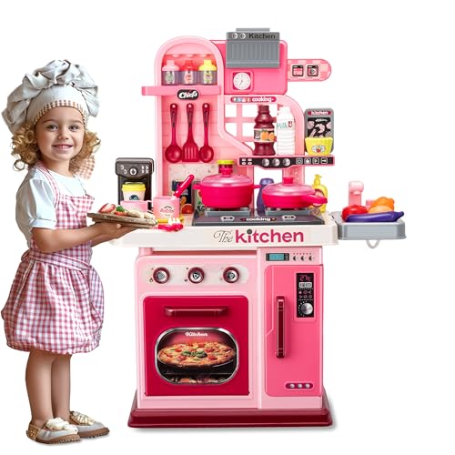 Kinder-Küchen-Set, 53-teilig, Palyküche, Backofen, Kochspielzeug mit realistischen Lichtern und Geräuschen, Simulationsspielzeug, Küchenspielzeug für Kleinkinder 1 2 3 (Rosa) von zaddgiuuy