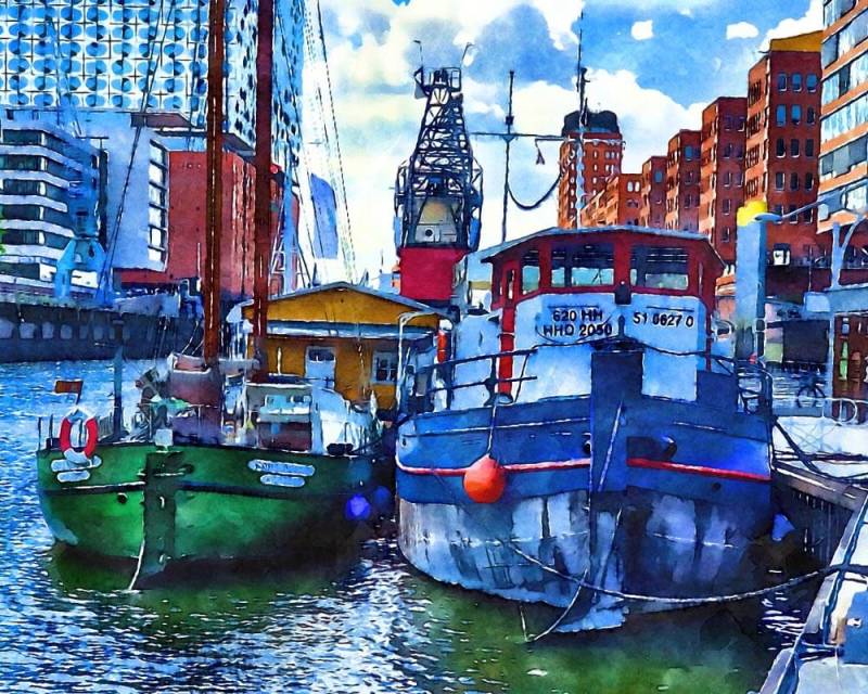 Malen nach Zahlen - Schiffe in der Hafencity - by zamart, mit Rahmen von zamart