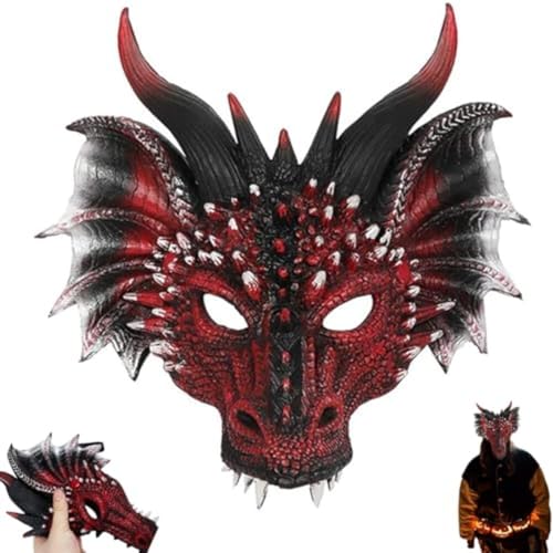 zeroupshop Realistische Drachen-Gesichtsmaske, Polyresin, Halloween-Kostüm, Zubehör mit Schuppen, Hörnern, Zähnen, Design für Erwachsene, Kinder, Maskerade, Theateraufführung, Rot von zeroupshop