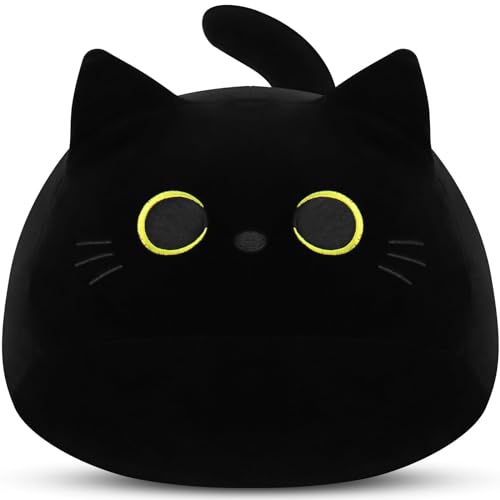 zingking Schwarze Katze Plüschtier Kuscheltier, Weiches Stofftier Kopfkissen Gefüllte Puppe Tier Kissen, Süße Dekoratives Kissen für Kinder Halloween Weihnachten Geschenk von zingking