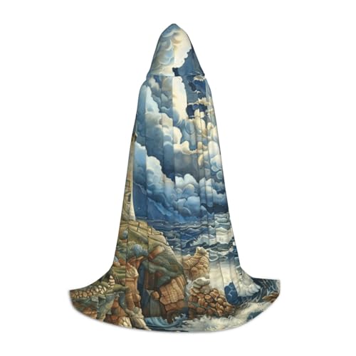 zkyfll The Seaside Leuchtturm-Druck, kleiner Kapuzenumhang, Halloween-Kostüm, Halloween, Cosplay, Hexe, Robe, Umhang von zkyfll