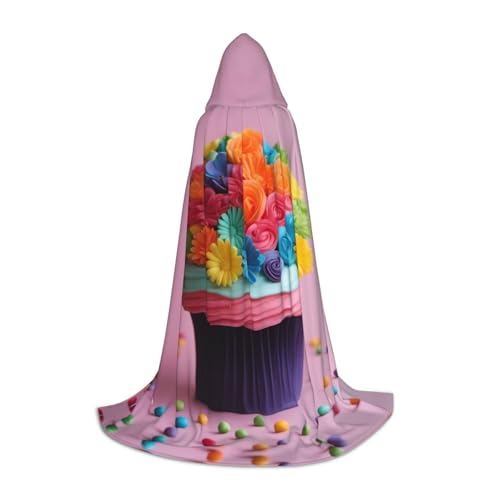 zkyfll Umhang mit bunten Cupcakes und Regenbogenblumen, kleine Größe, Kapuzenumhang, Halloween-Kostüm, Halloween, Cosplay, Hexe, Robe Cape von zkyfll