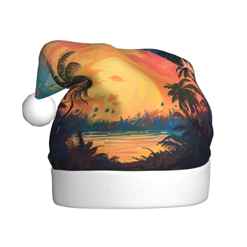 zkyfll Weihnachtsmütze mit tropischem Sonnenuntergang-Druck, Plüsch, lustige Weihnachtsmütze für Erwachsene, Weihnachtsfeier von zkyfll