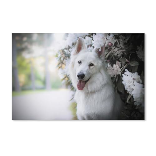 1000-teiliges Puzzle für Erwachsene, Weißer Schäferhund, Blumenstrauch, Puzzle – für Erwachsene, Teenager, Lernspielzeug, Geschenke, 26 x 38 cm von znwrr