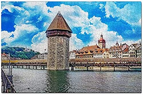 Schweiz-Puzzle, 1000 Teile, Schweiz, Kapellbrücke, Luzern, Puzzlespiel, Kunstwerk, Reise-Souvenir, Papierartig, 50 x 70 cm von znwrr