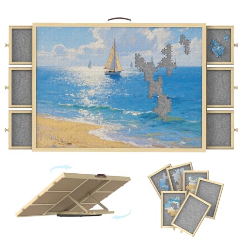 Drehbares Puzzlebrett mit 6 Schubladen und Abdeckung, Holz-Puzzle-Tisch mit Lazy Susan Drehung, tragbarer Puzzletisch mit rutschfestem Filz, 88,9 x 66 cm, 1500 Stück von zoabhl