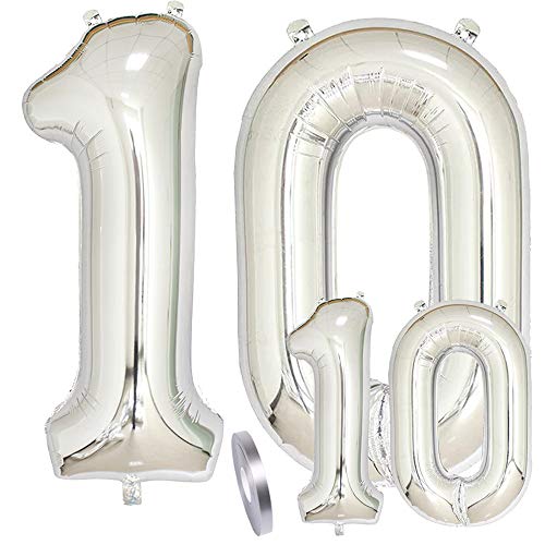 Luftballons Zahl 10 Geburtstag XXL Silber - Riesen Folienballon Figuren in 2 Größen 40" & 16" | Set XXL 100cm + Mini 40cm Version Geburtstagsdeko | Vier Zahlen | Ideal zum 10. als Deko Luftballons Zahl 10 Geburtstag XXL Silber - Riesen Folienballon Figuren in 2 Größen 40" & 16" | Set XXL 100cm + Mini 40cm Version Geburtstagsdeko | Vier Zahlen | Ideal zum 10. als Deko von zooting