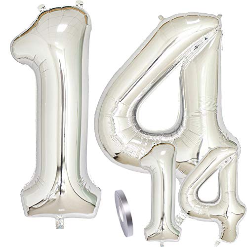 Luftballons Zahl 14 Geburtstag XXL Silber - Riesen Folienballon Figuren in 2 Größen 40" & 16" | Set XXL 100cm + Mini 40cm Version Geburtstagsdeko | Vier Zahlen | Ideal zum 14. als Deko Luftballons Zahl 14 Geburtstag XXL Silber - Riesen Folienballon Figuren in 2 Größen 40" & 16" | Set XXL 100cm + Mini 40cm Version Geburtstagsdeko | Vier Zahlen | Ideal zum 14. als Deko von zooting