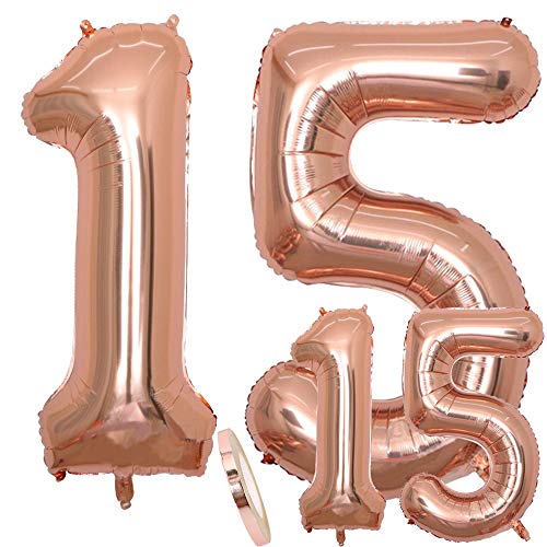 Luftballons Zahl 15 Geburtstag XXL Rose Gold - Riesen Folienballon in 2 Größen 40" & 16" | Set XXL 100cm + Mini 40cm Version Geburtstagsdeko | Insgesamt Vier Zahlen | Ideal zum 15. als Deko Luftballons Zahl 15 Geburtstag XXL Rose Gold - Riesen Folienballon in 2 Größen 40" & 16" | Set XXL 100cm + Mini 40cm Version Geburtstagsdeko | Insgesamt Vier Zahlen | Ideal zum 15. als Deko von zooting