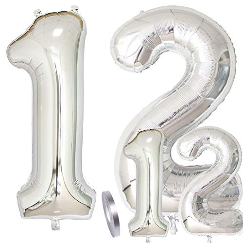 zooting Luftballons Zahl 12 Geburtstag XXL Silber - Riesen Folienballon Figuren in 2 Größen 40" & 16" | Set XXL 100cm + Mini 40cm Version Geburtstagsdeko | Vier Zahlen | Ideal zum 12. als Deko zooting Luftballons Zahl 12 Geburtstag XXL Silber - Riesen Folienballon Figuren in 2 Größen 40" & 16" | Set XXL 100cm + Mini 40cm Version Geburtstagsdeko | Vier Zahlen | Ideal zum 12. als Deko von zooting